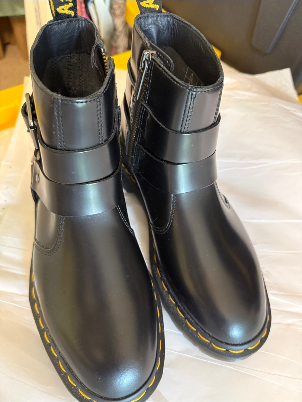 Dr -MartinsBlack Leather Buckle Ankle Boots with Yellow Stitching - Women Shoes - Picture 7 of 11